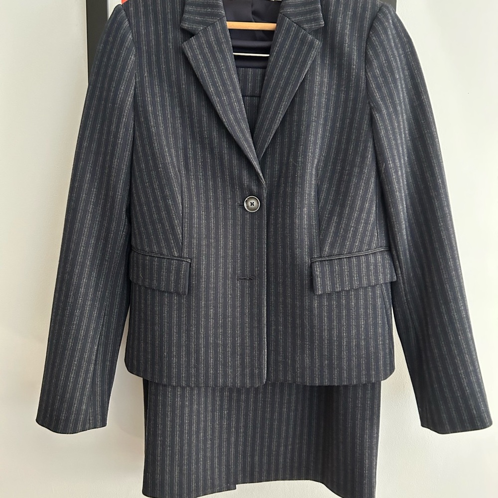 Simons Navy and Gray Pinstripe Blazer and Skirt Suit Set